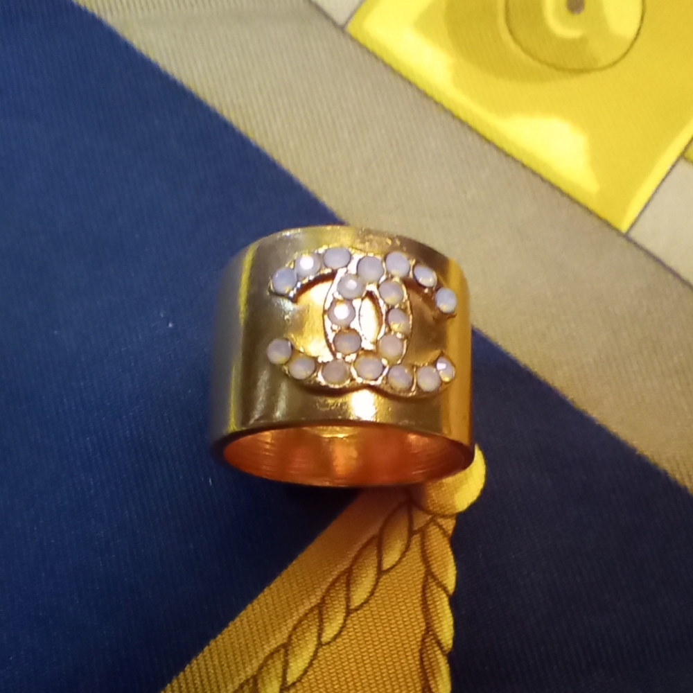Chanel Gold CC Ring, White Stones - 100% Authentic